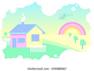 Flat pastel landscape rainbow house clouds trees hills helicopter.