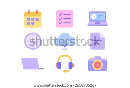 Flat Pastel Office Icons Set for Productivity Apps. Task Icons: Calendar, Checklist, Clock, Cloud, Document. UI Design Elements for Digital Planner and Organizer.