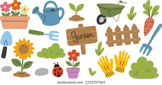 Conjunto de Vector pastel plano de herramientas y Elementos de jardinería: regadera, carretilla, paleta, guantes, flores, verduras y letreros para diseños de jardinería, pegatinas y tarjetas de felicitación.