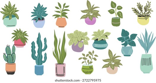 Flat pastel vector set of indoor potted plants and succulents — assorted houseplants, cacti, and foliage in decorative pots for botanical designs, home decor, stickers, and social media graphics.