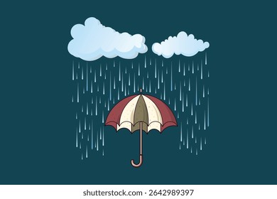 Flat pastel vector of umbrella and falling raindrops, cute cartoon style illustration ideal for rainy weather scenes, nursery decorations, and children’s storytelling visuals

