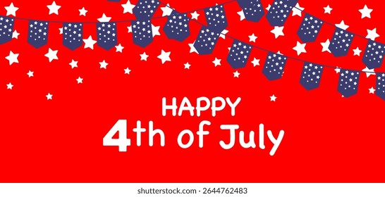 Flat patriotic banner with star-spangled bunting and white stars on red background featuring Happy 4th of July text. For Independence Day headers, invites, posters, greeting cards, social media.