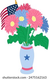 Flat patriotic bouquet of red and blue gerberas with US flag. Vector illustration in American national colors isolated on white background. Perfect for decoration on Independence, Patriot, Veteran Day