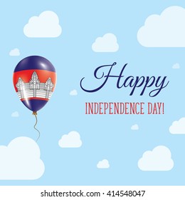 Flat Patriotic Poster for Independence Day of Cambodia. Single Balloon in National Colors of Cambodia Flying in the Air. Happy National Day Greeting Card. Vector illustration.