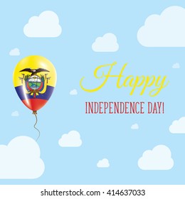 Flat Patriotic Poster for Independence Day of Ecuador. Single Balloon in National Colors of Ecuador Flying in the Air. Happy National Day Greeting Card. Vector illustration.