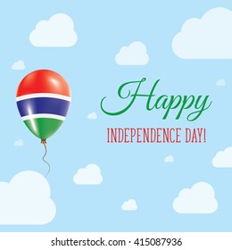Flat Patriotic Poster for Independence Day of Gambia. Single Balloon in National Colors of Gambia Flying in the Air. Happy National Day Greeting Card. Vector illustration.