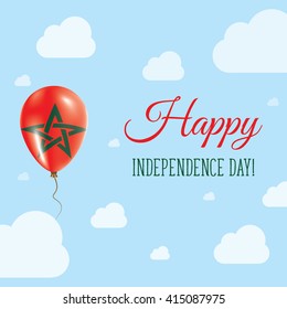 Flat Patriotic Poster for Independence Day of Morocco. Single Balloon in National Colors of Morocco Flying in the Air. Happy National Day Greeting Card. Vector illustration.