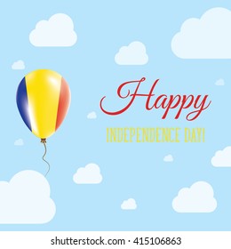 Flat Patriotic Poster for Independence Day of Romania. Single Balloon in National Colors of Romania Flying in the Air. Happy National Day Greeting Card. Vector illustration.