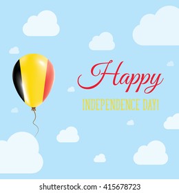 Flat Patriotic Poster for Independence Day of Belgium. Single Balloon in National Colors of Belgium Flying in the Air. Happy National Day Greeting Card. Vector illustration.