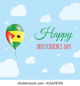 Flat Patriotic Poster for Independence Day of Sao Tome and Principe.. Single Balloon in National Colors of Sao Tome and Principe Flying in the Air.. Happy National Day Greeting Card.