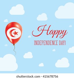 Flat Patriotic Poster for Independence Day of Tunisia. Single Balloon in National Colors of Tunisia Flying in the Air. Happy National Day Greeting Card. Vector illustration.