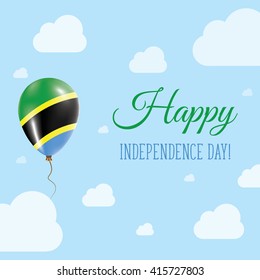 Flat Patriotic Poster for Independence Day of Tanzania, United Republic of.. Single Balloon in National Colors of Tanzania, United Republic of Flying in the Air.. Happy National Day Greeting Card.