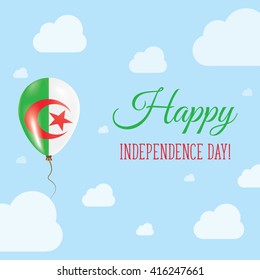 Flat Patriotic Poster for Independence Day of Algeria. Single Balloon in National Colors of Algeria Flying in the Air. Happy National Day Greeting Card. Vector illustration.