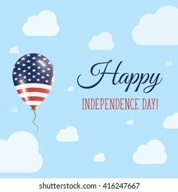 Flat Patriotic Poster for Independence Day of United States. Single Balloon in National Colors of United States Flying in the Air. Happy National Day Greeting Card. Vector illustration.