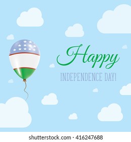 Flat Patriotic Poster for Independence Day of Uzbekistan. Single Balloon in National Colors of Uzbekistan Flying in the Air. Happy National Day Greeting Card. Vector illustration.