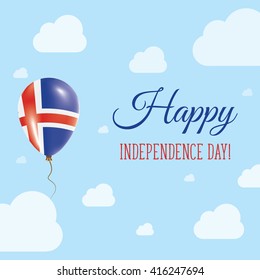 Flat Patriotic Poster for Independence Day of Iceland. Single Balloon in National Colors of Iceland Flying in the Air. Happy National Day Greeting Card. Vector illustration.