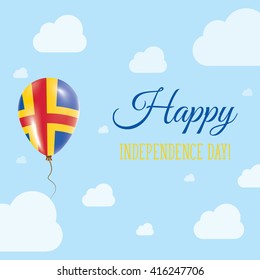 Flat Patriotic Poster for Independence Day of Aland Islands. Single Balloon in National Colors of Aland Islands Flying in the Air. Happy National Day Greeting Card. Vector illustration.