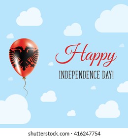 Flat Patriotic Poster for Independence Day of Albania. Single Balloon in National Colors of Albania Flying in the Air. Happy National Day Greeting Card. Vector illustration.
