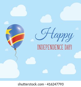 Flat Patriotic Poster for Independence Day of Congo, The Democratic Republic Of The... Single Balloon in National Colors of Congo, The Democratic Republic Of The Flying in the Air..