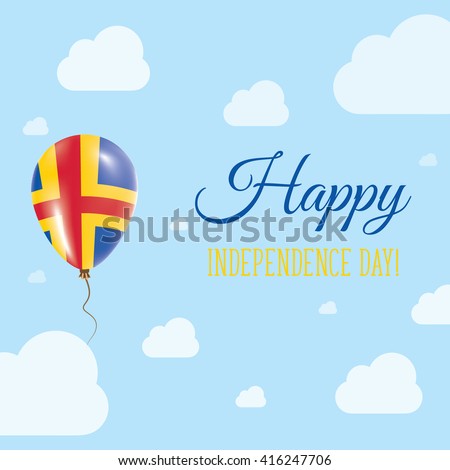 Flat Patriotic Poster for Independence Day of Aland Islands. Single Balloon in National Colors of Aland Islands Flying in the Air. Happy National Day Greeting Card. Vector illustration.