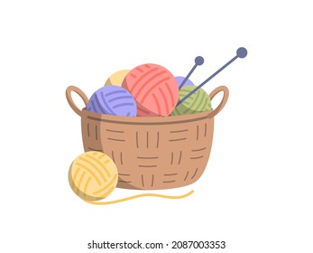 Flat pattern of basket for knitting with balls and needles, hobbies and work. Creating warm things with your own hands. 
