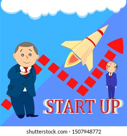 The flat pattern. Business startup .A rocket floating in the clouds. Two men are businessmen. Name of the startup. Red text. Business schedule. Vector