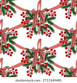Flat pattern of Christmas decorations from bouquets. Repeating garlands of fir trees, berries, tied with pink ribbon, bows. for wrapping paper, seasonal textile prints, digital paper, decoration