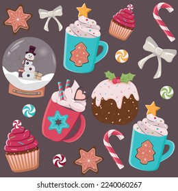 Flat  pattern cup teapot coffee cake vector