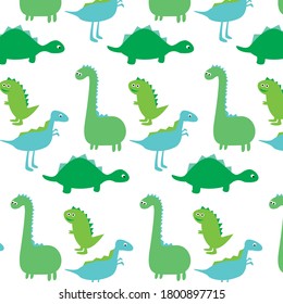Flat pattern with cute dinos. Cute dinosaurs isolated on white background. Kids illustration. Funny cartoon dino and prehistoric elements. Children design. Vector Eps. 8