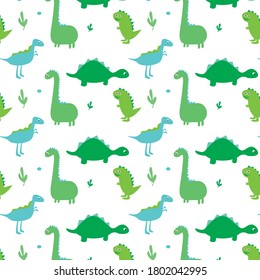 Flat pattern with cute dinos. Cute dinosaurs isolated on white background. Kids illustration. Funny cartoon dino and prehistoric elements. Children design. Vector Eps. 8