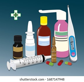 The flat pattern of the drugs. Medical tablets and vials.Thermometer to measure body temperature. Pharmacy. The concept of medical care . Vector