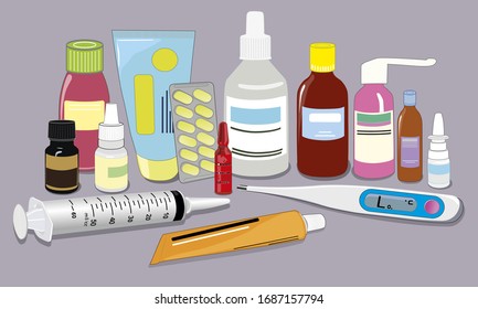 The flat pattern of the drugs. Medical tablets and vials.Thermometer to measure body temperature. Pharmacy. The concept of medical care . Vector