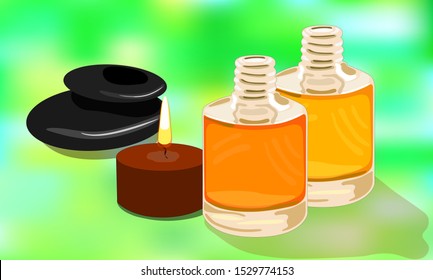 The flat pattern. Essential oils. The candle is burning. Lithotherapy. Beautiful, green background. Vector.