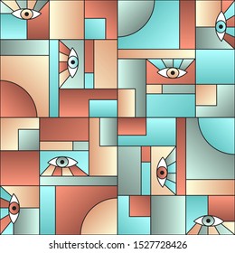 Flat pattern with eyes in geometric shapes grid scandinavian fashion retro textile print. Modern background design. Open eyes bauhaus geometric seamless pattern. Interior vector design.