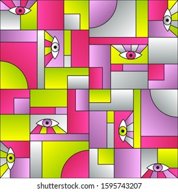Flat pattern with eyes in geometric shapes grid scandinavian fashion retro textile print. Modern background design. Open eyes bauhaus geometric seamless pattern. Gradient vector design.