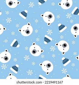 flat pattern image with polar bear head and blue cap. seamless pattern with polar bear, snowballs on a blue background