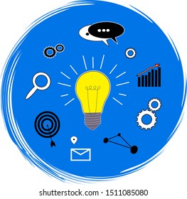 Flat pattern of the light bulb. The concept of a startup, ideas, business presentations .Strategy for launching a business project, Analytics and brainstorming, the concept of success. Vector