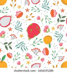 flat pattern with orange and dragon  fruits concept in the white backdrop