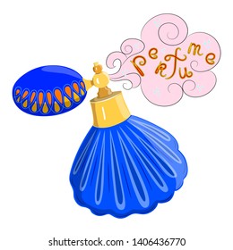 The flat pattern of the perfume bottle is perfume. Blue perfume bottle with spray. Vector