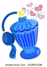 The flat pattern of the perfume bottle is perfume. Blue perfume bottle with spray. Small, pink hearts. Vector