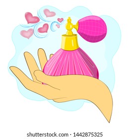 Flat pattern of a perfume bottle. Pink perfume bottle with spray .Perfume bottle in hand. Little pink hearts.Vector
