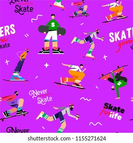 flat pattern of skateboarders with inscriptions on a purple background