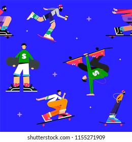 flat pattern of skateboarders on blue background
