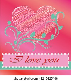 the flat pattern. Valentine's day. the inscription I love you. Heart, Plants , the leaves of the bindweed, red. vector