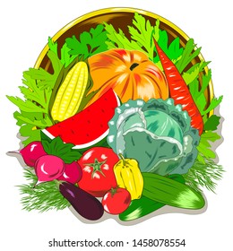 The flat pattern of the vegetables. Vegetable harvest at the farmers ' market. Gardening, vegetarianism. Vector