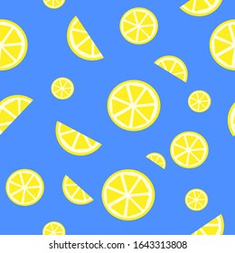 Flat pattern of yellow lemons, on a blue background, the trend of 2020