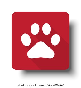 Flat Paw Print web icon on red button with drop shadow