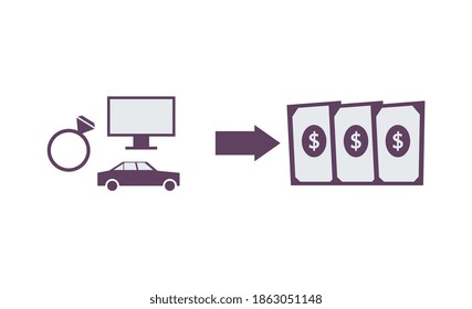 Concepto de taller de trineo plano con tv de coche de anillo y dinero aislado en ilustración vectorial de fondo blanco