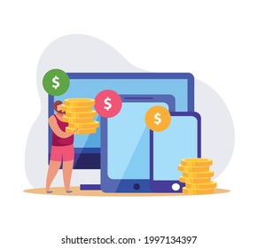 Flat pawnshop icon with electronic devices and man carrying golden coins vector illustration