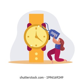 Flat pawnshop icon with female character and golden watch vector illustration